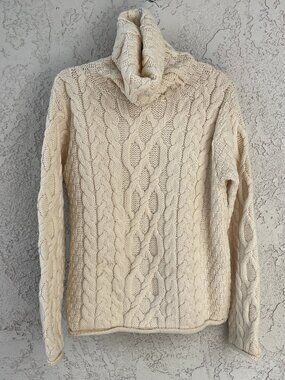 Inis Crafts Merino Wool Aran Sweater Turtleneck Cable Knit Ireland Women L Cream
